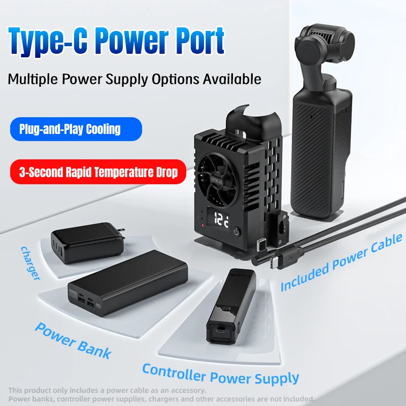 Enfriador Ice Core con puerto Type-C mostrando multiples opciones de alimentacion: cargador, power bank y controller power supply, junto al DJI Osmo Pocket